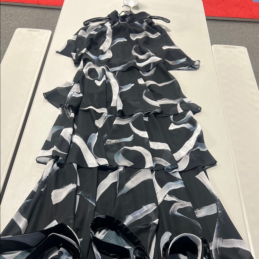 Milly Black & White Abstract Tiered Chiffon Maxi Dress